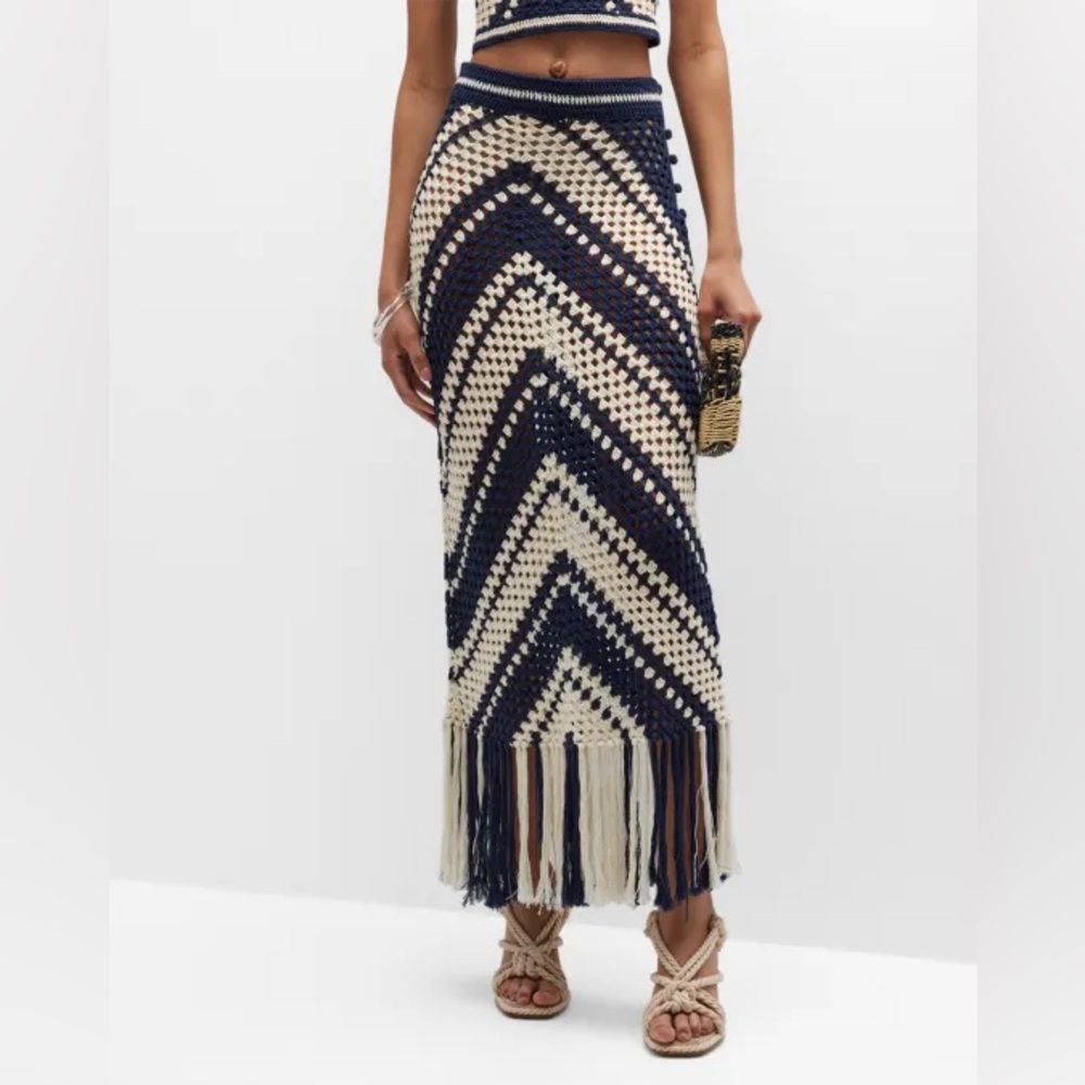 Navy and Cream Knit Midi Fringe Skirt
